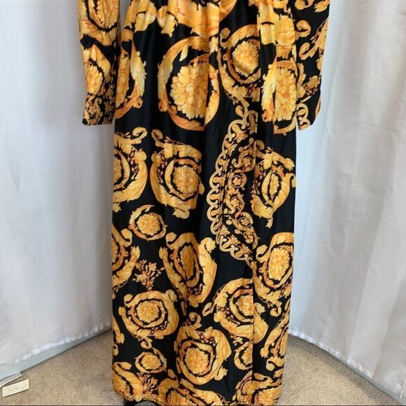 YELLOW black chain print Versace inspired maxi dress Sz M - Picture 7 of 15